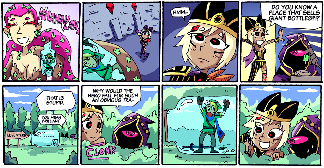 4koma, blonde_hair, bottle, breasts, cia_(zelda_musou), cleavage, colored_eyelashes, comic