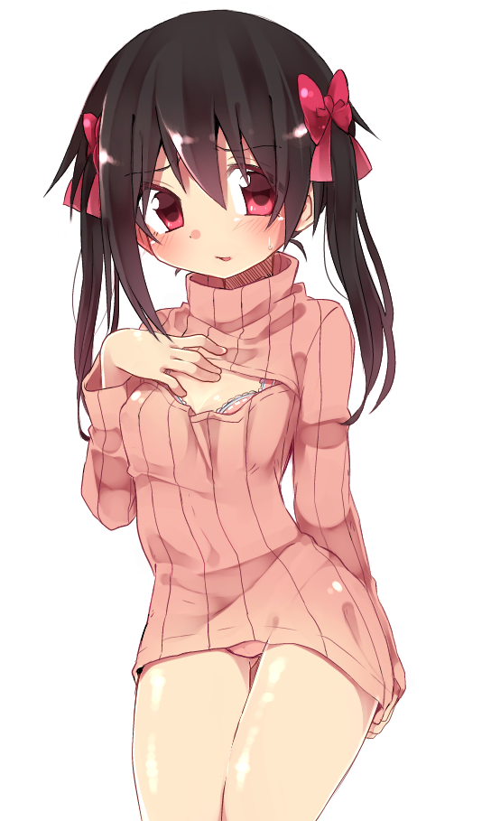 1girl, black_hair, bra, cleavage_cutout, flat_chest, hair_ribbon, hand_on_own_chest, long_hair, love_live!_school_idol_project, open-chest_sweater, red_eyes, ribbed_sweater, ribbon, simple_background, solo, sweater, turtleneck, twintails, underwear, ururu1998, white_background, yazawa_nico