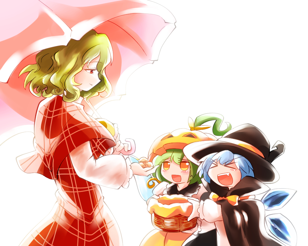 >_<, 3girls, b-q, basket, blue_hair, cape, capelet, cirno