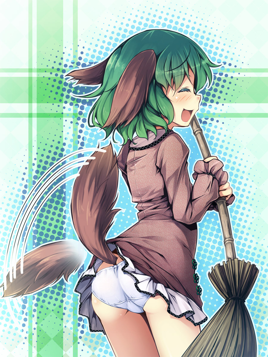 1girl, animal_ears, ass, bamboo_broom, blush, broom, brown_dress, chima_q