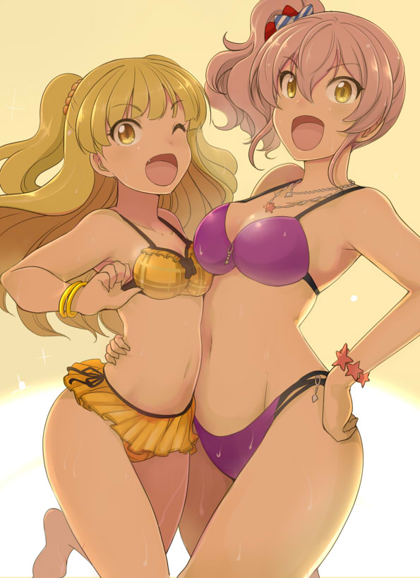 2girls, arm_around_waist, bikini, blonde_hair, blush, bow, bracelet, green_eyes, hair_bow, idolmaster, idolmaster_cinderella_girls, jewelry, jougasaki_mika, jougasaki_rika, long_hair, multiple_girls, necklace, omuraisu_echizen, one_eye_closed, open_mouth, pink_hair, short_hair, siblings, sisters, smile, swimsuit, twintails, two_side_up, water, wet, yellow_eyes