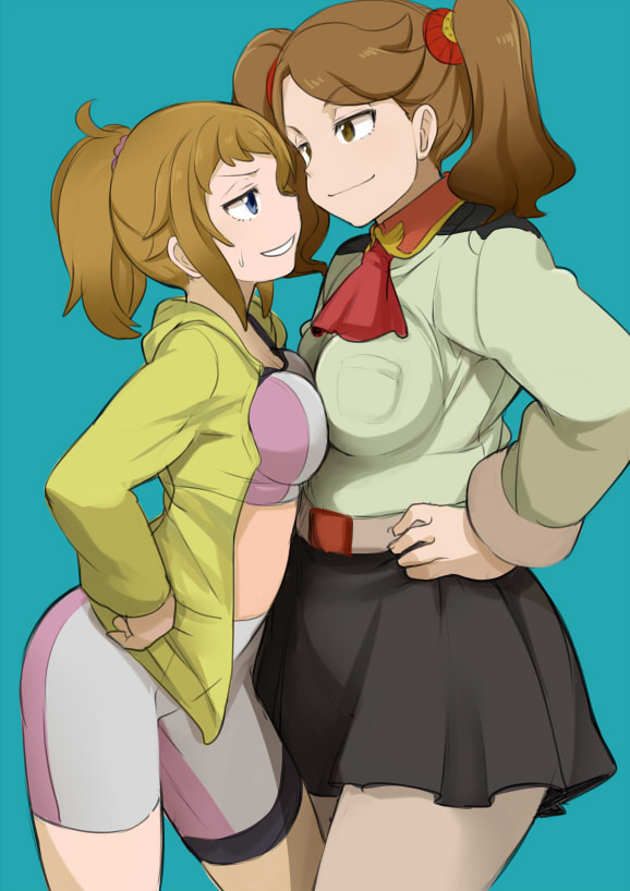 2girls, bike_shorts, blue_eyes, breast_press, breasts, brown_eyes, brown_hair, eye_contact