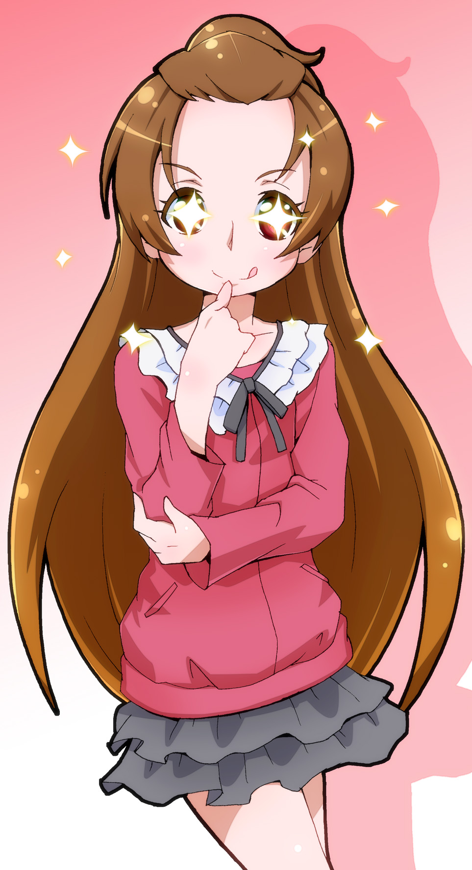 1girl, :q, blouse, brown_hair, dokidoki!_precure, highres, long_hair, madoka_aguri