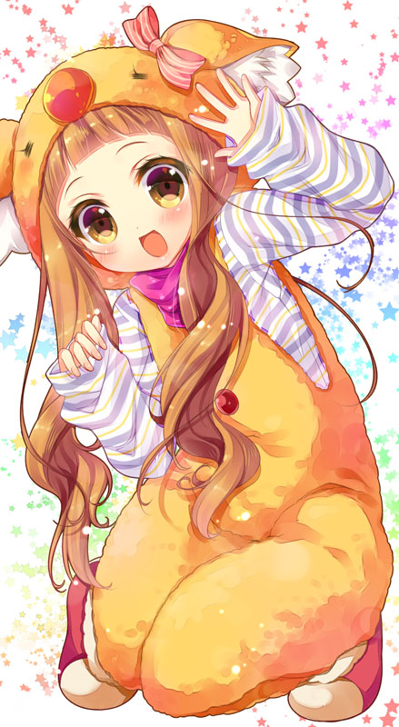 1girl, :d, brown_eyes, brown_hair, ichihara_nina, idolmaster, idolmaster_cinderella_girls, koala_costume, long_hair, looking_at_viewer, mitsumomo_mamu, open_mouth, smile, solo, squatting