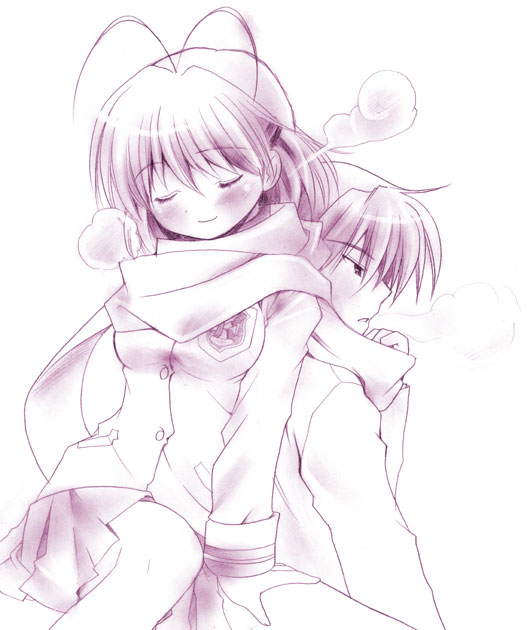 blush, breath, clannad, closed_eyes, couple, furukawa_nagisa, monochrome, okazaki_tomoya, patoto, pleated_skirt, purple, scarf, school_uniform, shared_scarf, skirt, smile