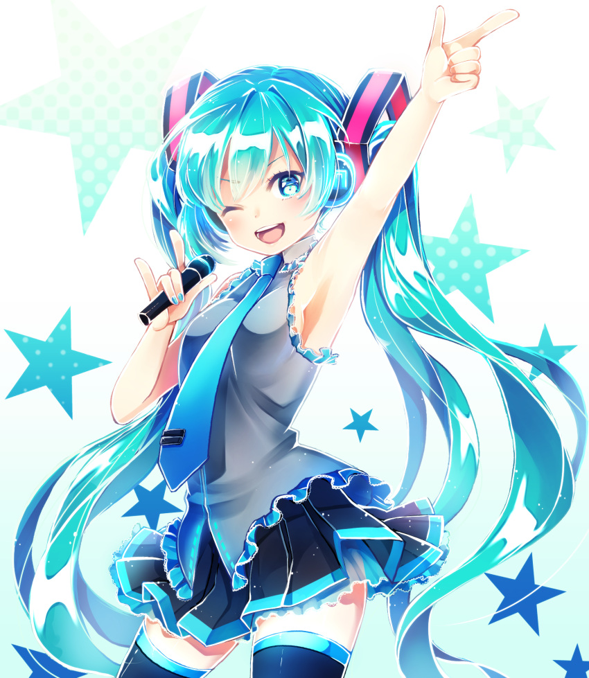 1girl, \m/, aqua_eyes, aqua_hair, arm_up, armpits, hatsune_miku, headphones