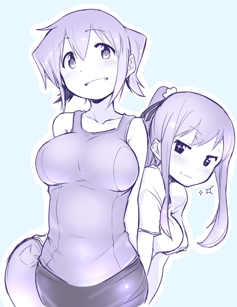 +_+, 2girls, :3, blush, breasts, do_(taka), grin, hair_ribbon