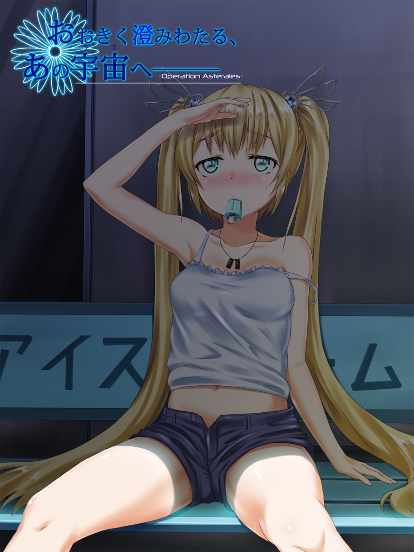 armpits, bench, blonde_hair, blue_eyes, blush, denim, denim_shorts, food_in_mouth