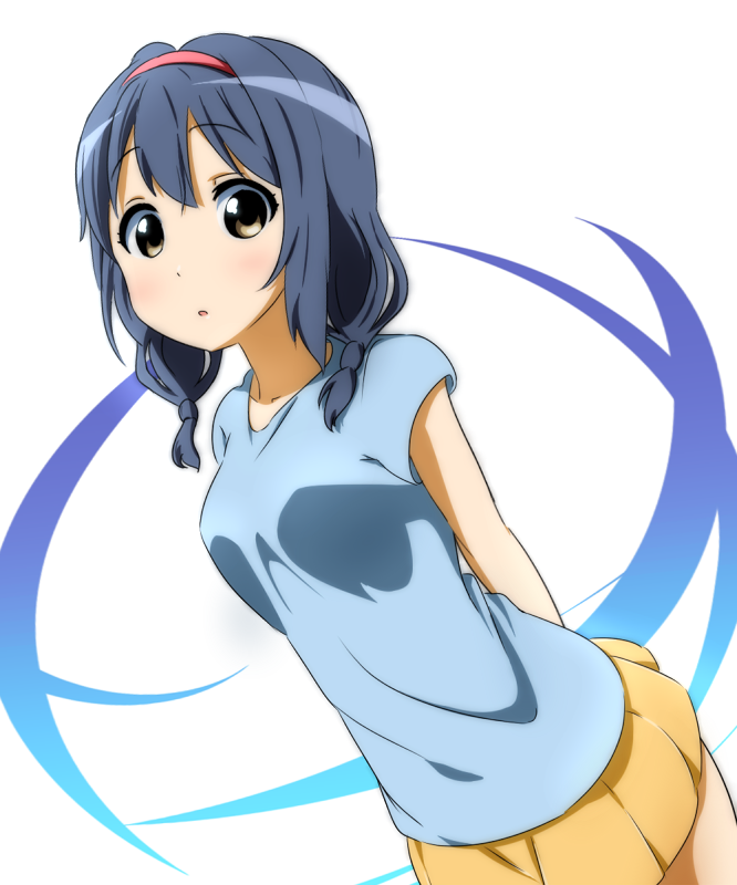 1girl, arms_behind_back, blue_hair, blue_shirt, braid, breasts, brown_eyes, casual