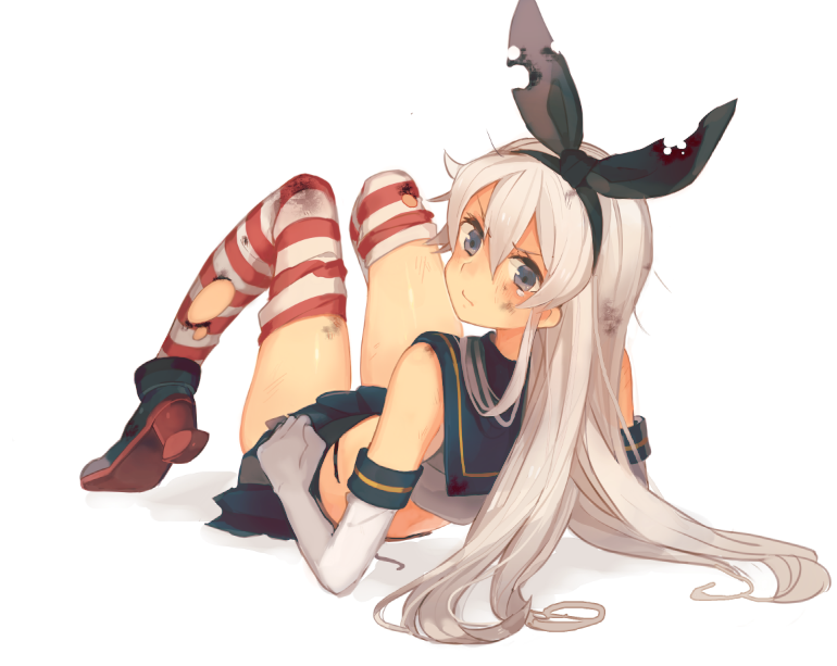 1girl, alternate_hair_color, blue_eyes, dirty, elbow_gloves, from_behind, gloves, hairband, kantai_collection, long_hair, looking_at_viewer, lying, microskirt, on_back, romshiro, school_uniform, serafuku, shimakaze_(kantai_collection), silver_hair, simple_background, skirt, solo, striped, striped_legwear, thigh-highs, torn_clothes, torn_thighhighs, white_background, white_gloves