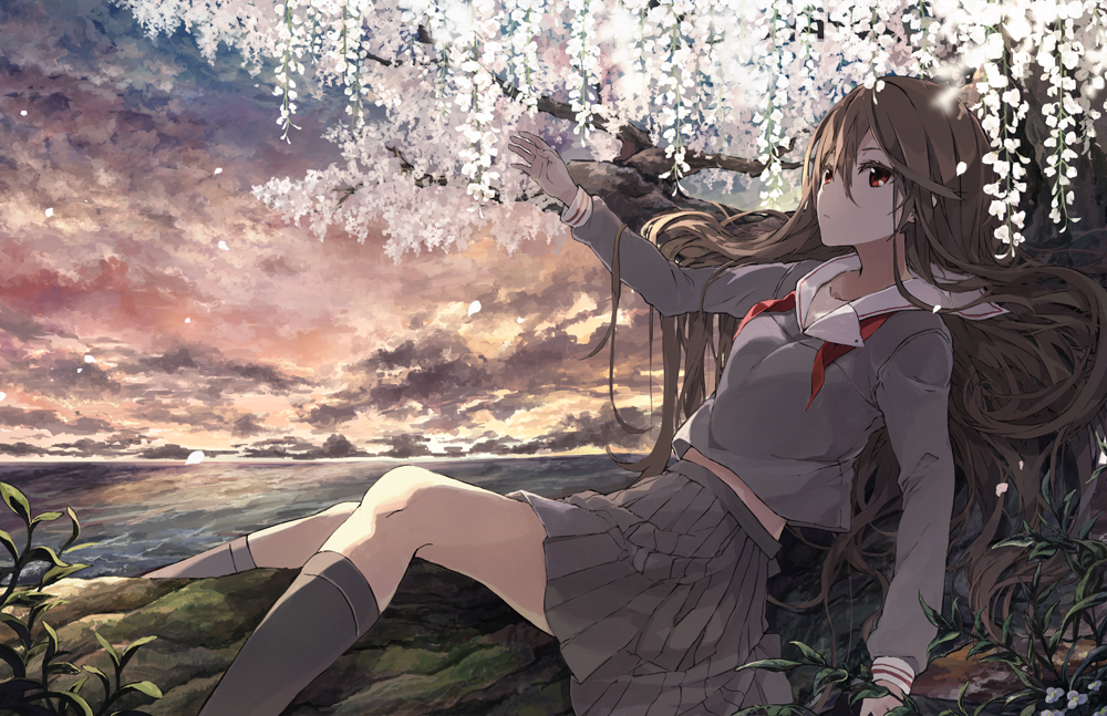 1girl, black_legwear, brown_hair, falsehood, long_hair, looking_at_viewer, lying, original