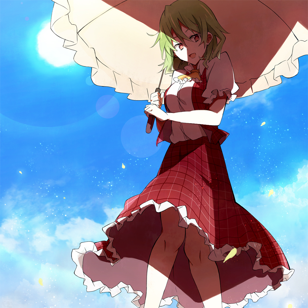 1girl, :d, falsehood, from_below, green_hair, holding, kazami_yuuka, looking_at_viewer