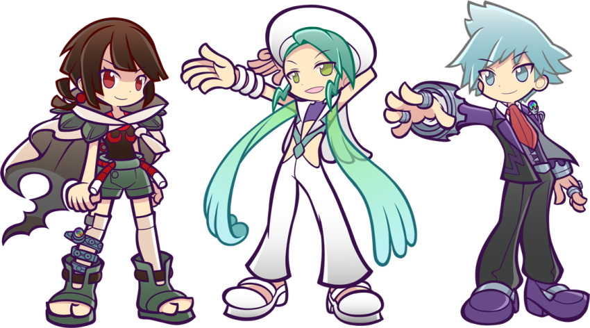 aqua_hair, black_hair, cloak, hat, higana_(pokemon), jewelry, kawamochi_(mocchii), mikuri_(pokemon), pokemon, pokemon_(game), pokemon_oras, puyopuyo, puyopuyo_artstyle, red_eyes, ring, shorts, silver_hair, tsuwabuki_daigo