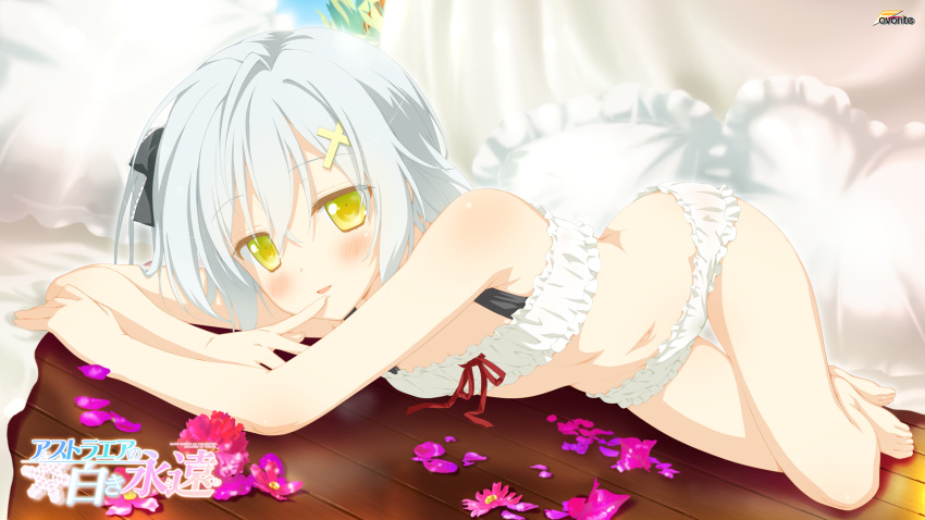 1girl, astralair_no_shiroki_towa, bra, cinderella_bust, company_name, copyright_name, cross_hair_ornament, finger_to_mouth