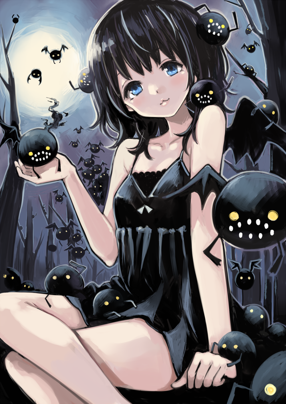 bare_shoulders, black_hair, blue_eyes, camisole, highres, moon, morina_nao, night