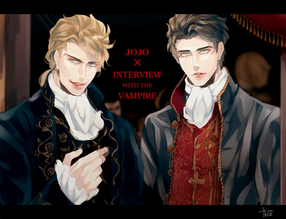 2boys, blonde_hair, blue_eyes, brown_hair, cravat, dio_brando, formal, green_eyes