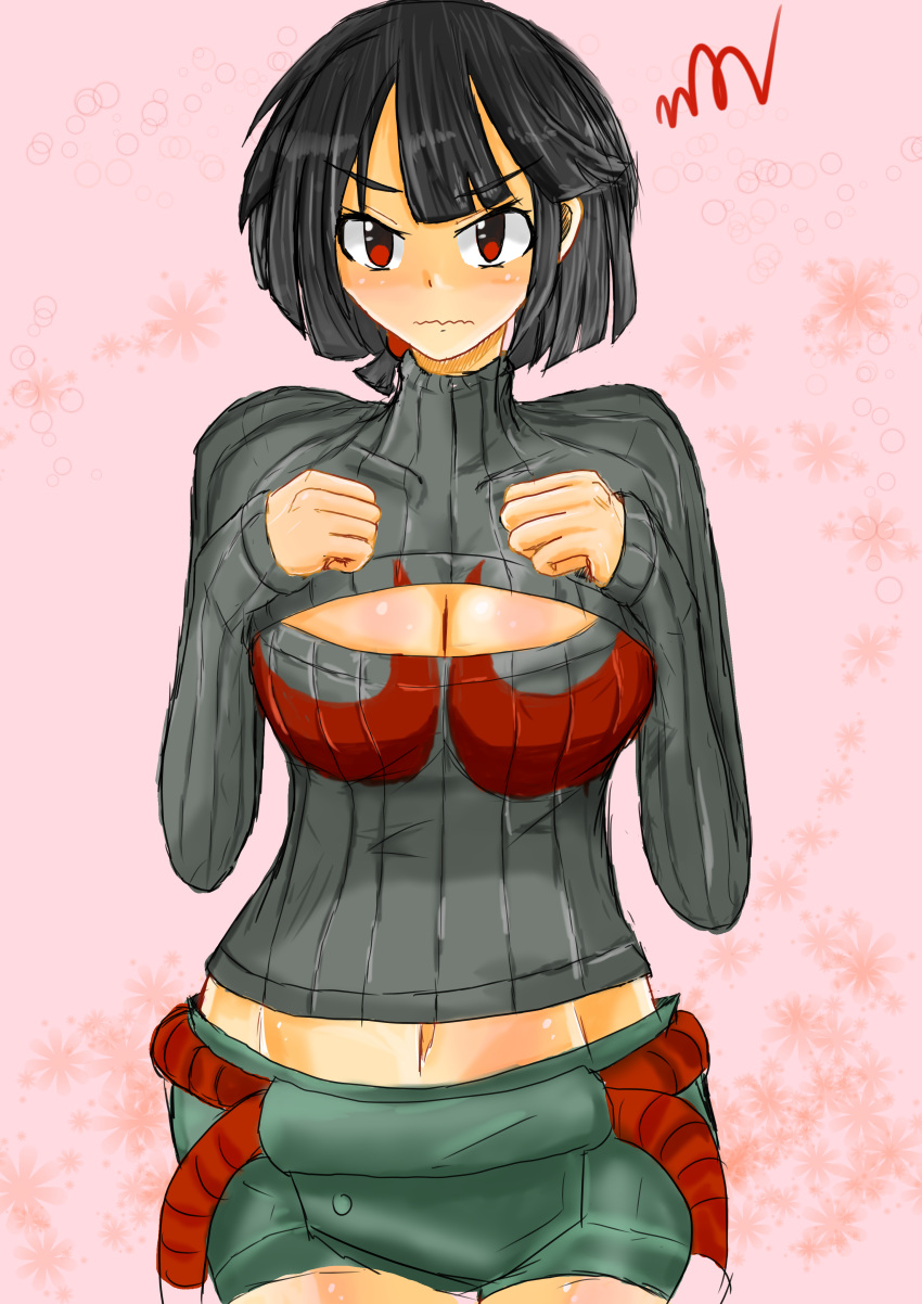 1girl, absurdres, black_hair, blush, breasts, cleavage, cleavage_cutout, denim