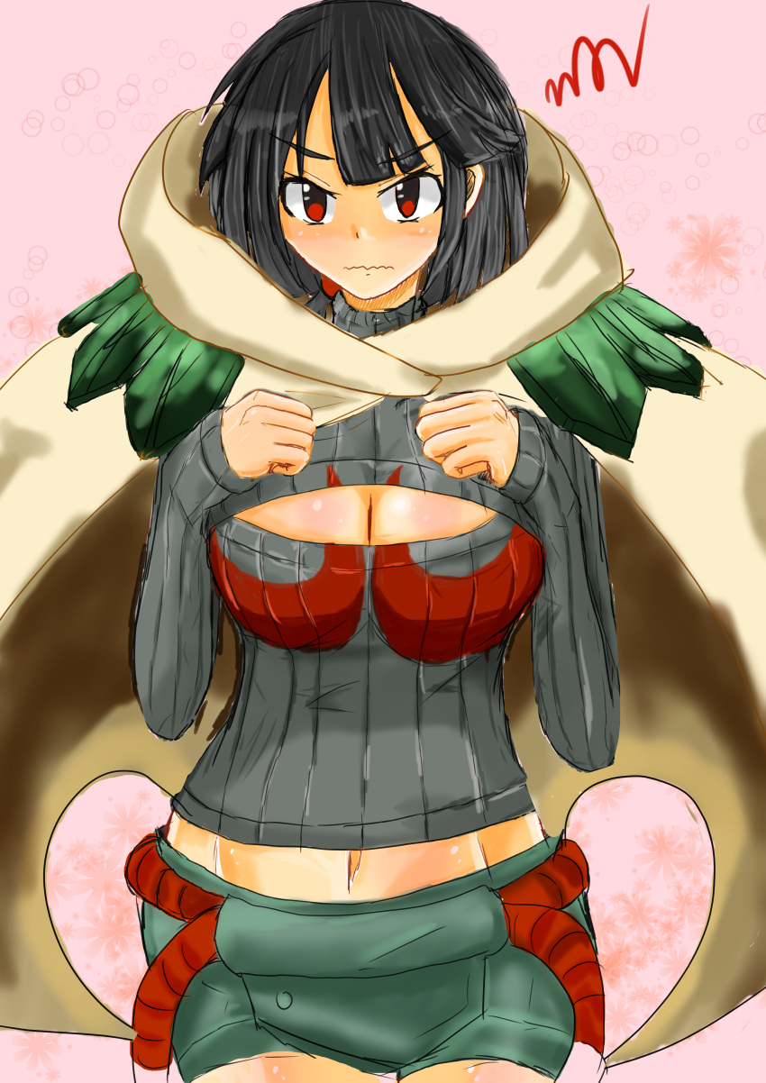1girl, absurdres, black_hair, blush, breasts, cleavage, cleavage_cutout, cloak