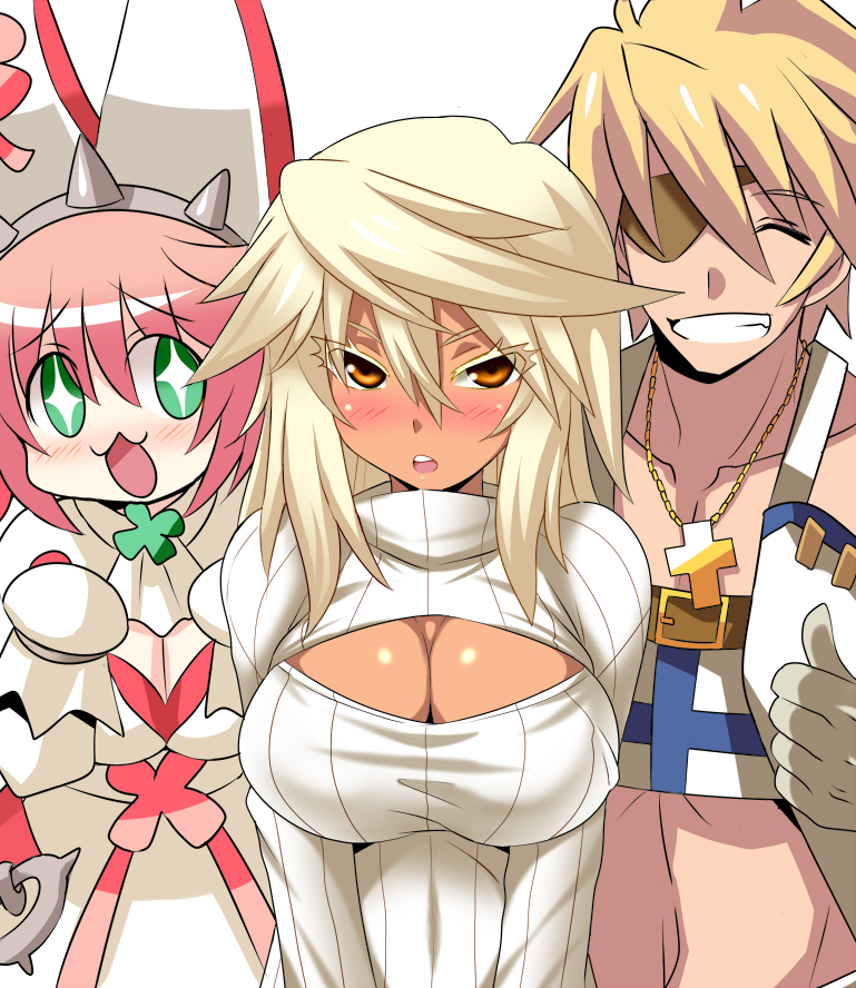 +_+, 1boy, 2girls, :3, alternate_costume, blonde_hair, blush, breasts