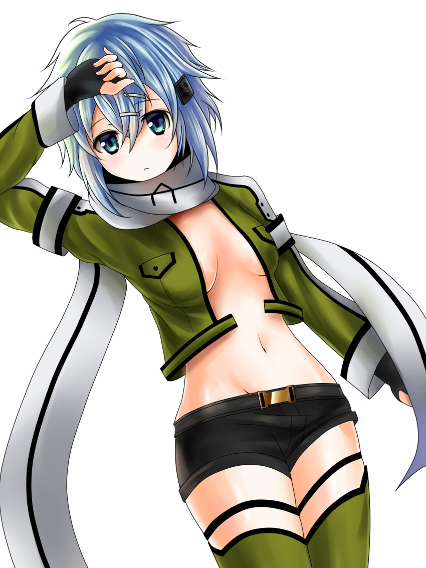 1girl, blue_eyes, blue_hair, fingerless_gloves, gloves, highres, jacket, no_bra