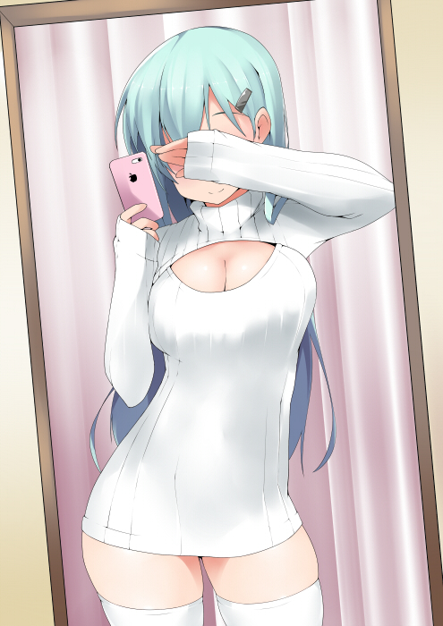 1girl, aqua_hair, blush, breasts, cellphone, cleavage, cleavage_cutout, covering_eyes