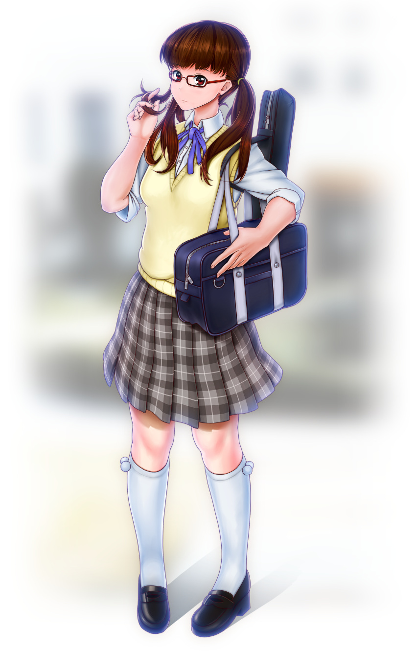 1girl, absurdres, bag, bespectacled, brown_eyes, brown_hair, extra, glasses