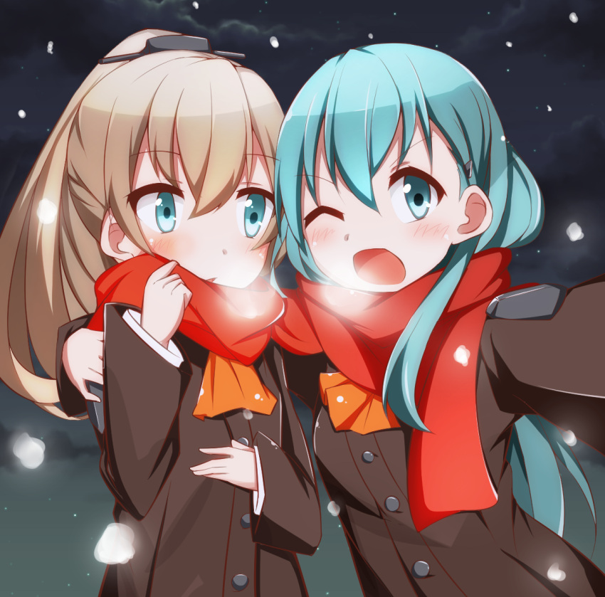 2girls, akina873, ascot, breath, brown_hair, bust, green_eyes, green_hair