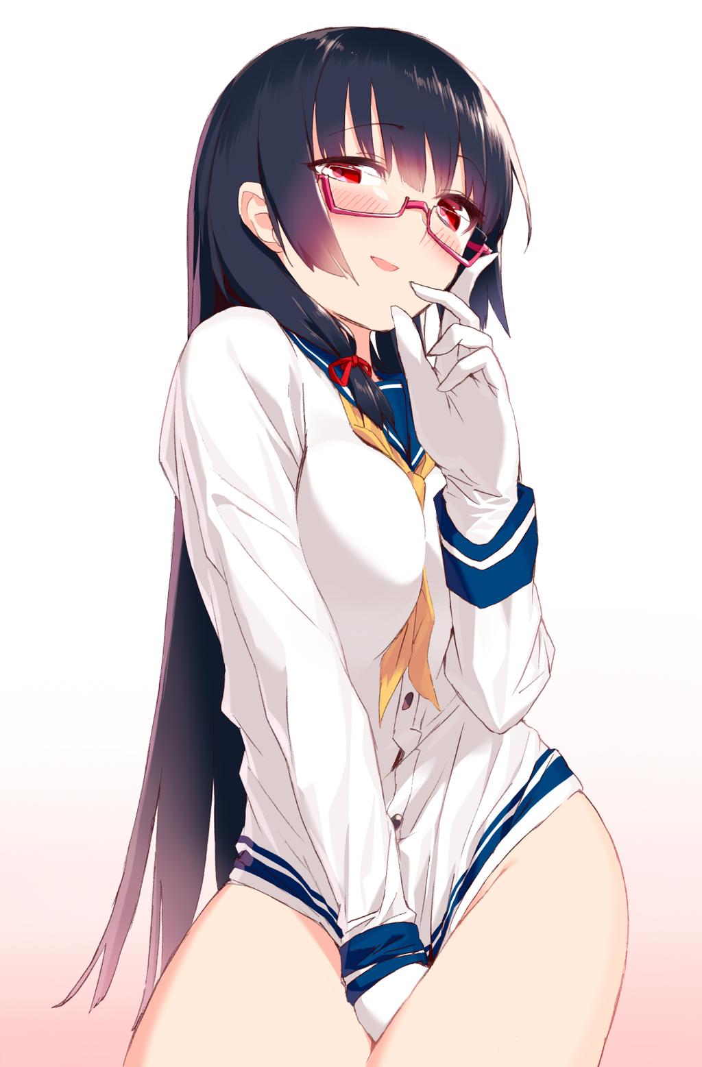 1girl, adjusting_glasses, bespectacled, black_hair, blew_andwhite, blush, breasts, cowboy_shot