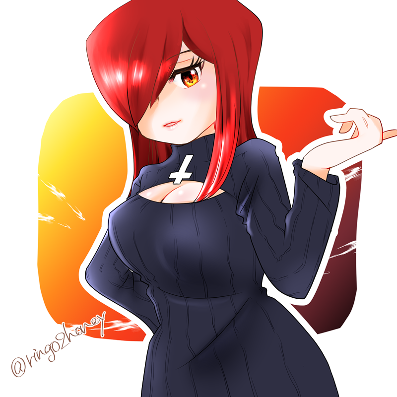 1girl, adapted_costume, breasts, cleavage, cleavage_cutout, cross, hair_over_one_eye, hand_on_hip