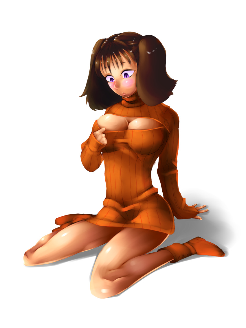1girl, blush, breasts, brown_hair, cleavage, cleavage_cutout, cleavage_reach, diane_(nanatsu_no_taizai)