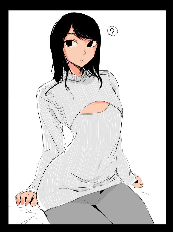 1boy, ?, bangs, black_eyes, black_hair, border, cleavage_cutout, long_hair, nankinjouto, open-chest_sweater, original, sitting, solo, sweater, sweater_dress, swept_bangs, trap, turtleneck