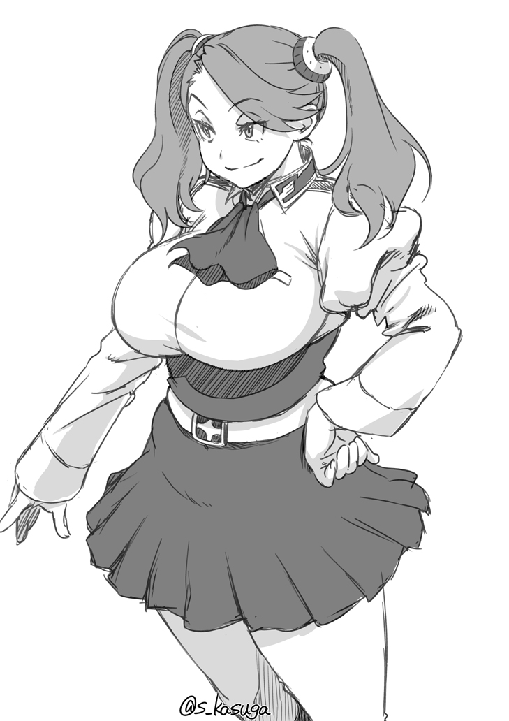 1girl, breasts, greyscale, gundam, gundam_build_fighters, gundam_build_fighters_try, hand_on_hip, kasuga_shun, large_breasts, long_hair, monochrome, pantyhose, sazaki_kaoruko, skirt, smile, solo, twintails, twitter_username