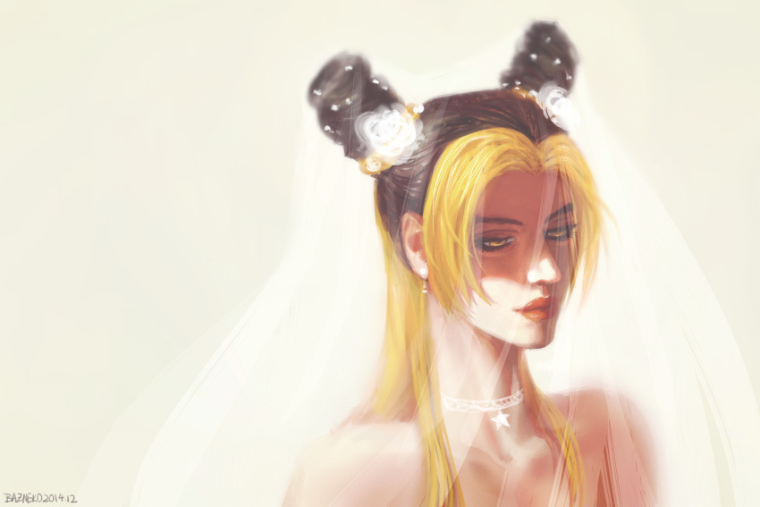1girl, bare_shoulders, baz_neko, black_hair, blonde_hair, bridal_veil, bride, jojo_no_kimyou_na_bouken, kuujou_jolyne, multicolored_hair, solo, tattoo, two-tone_hair, veil, yellow_eyes