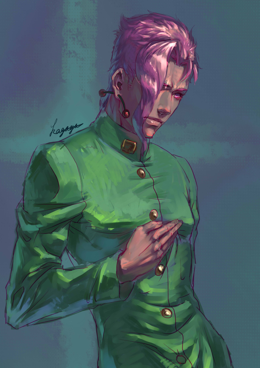 1boy, absurdres, artist_name, earrings, gakuran, hair_over_one_eye, highres, jewelry, jojo_no_kimyou_na_bouken, kagaya_(pixiv), kakyouin_noriaki, pink_eyes, pink_hair, school_uniform, solo