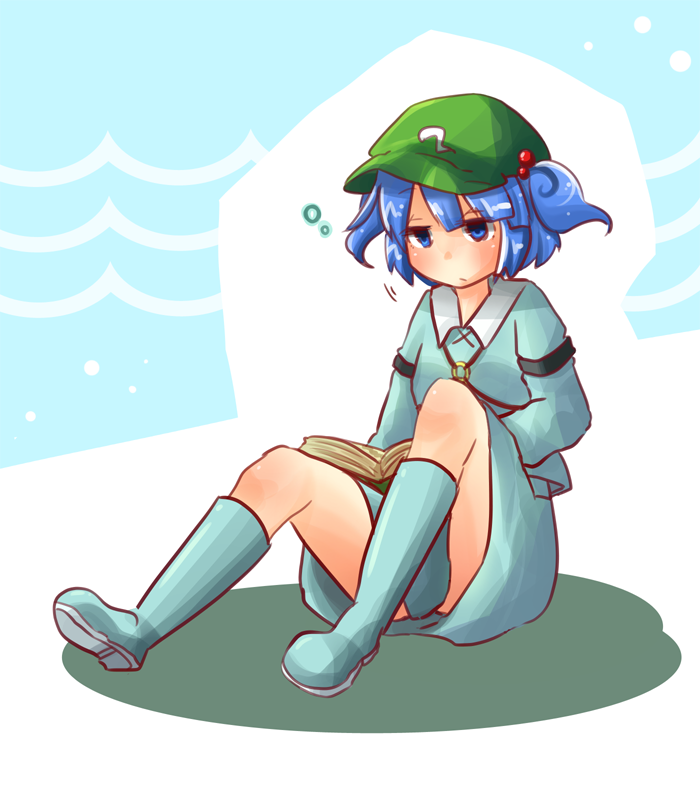 1girl, armband, blue_eyes, blue_hair, book, boots, hair_bobbles, hair_ornament