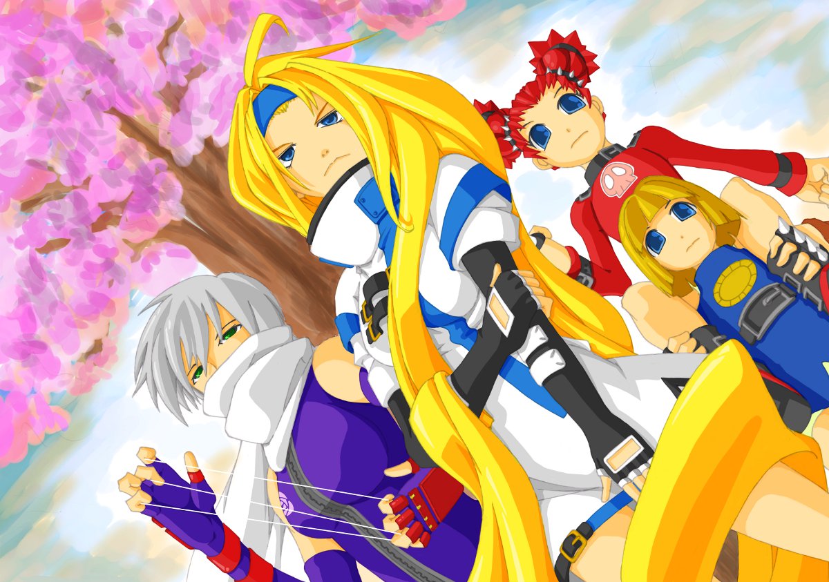 4girls, absurdly_long_hair, amakarakuchi, bangs, between_fingers, blonde_hair, blue_eyes, blunt_bangs