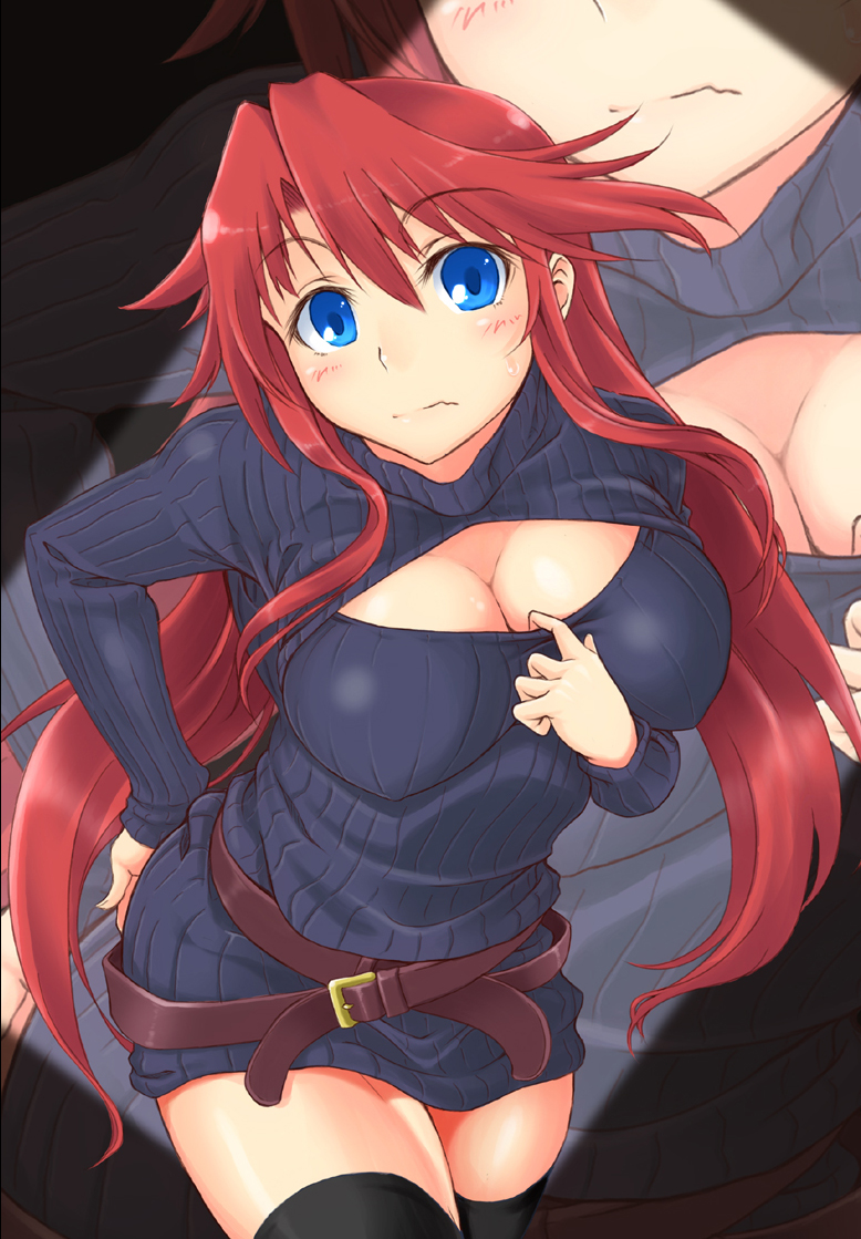 1girl, aty_(summon_night), belt, black_legwear, blue_eyes, blush, breasts, cleavage