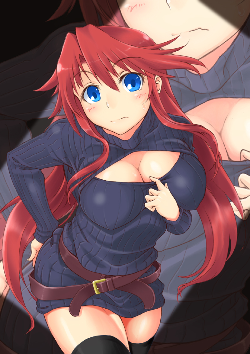 1girl, aty_(summon_night), belt, black_legwear, blue_eyes, blush, breasts, cleavage