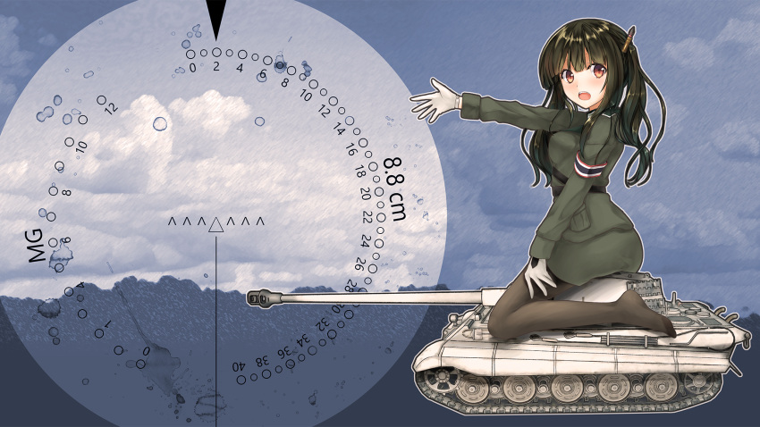 1girl, armband, bangs, black_hair, blunt_bangs, brown_eyes, caterpillar_tracks, gloves, highres, king_tiger, long_hair, military, military_uniform, military_vehicle, open_mouth, original, pantyhose, reticule, riding, rupe_paperu, skirt, solo, tank, twintails, uniform, vehicle, world_war_ii