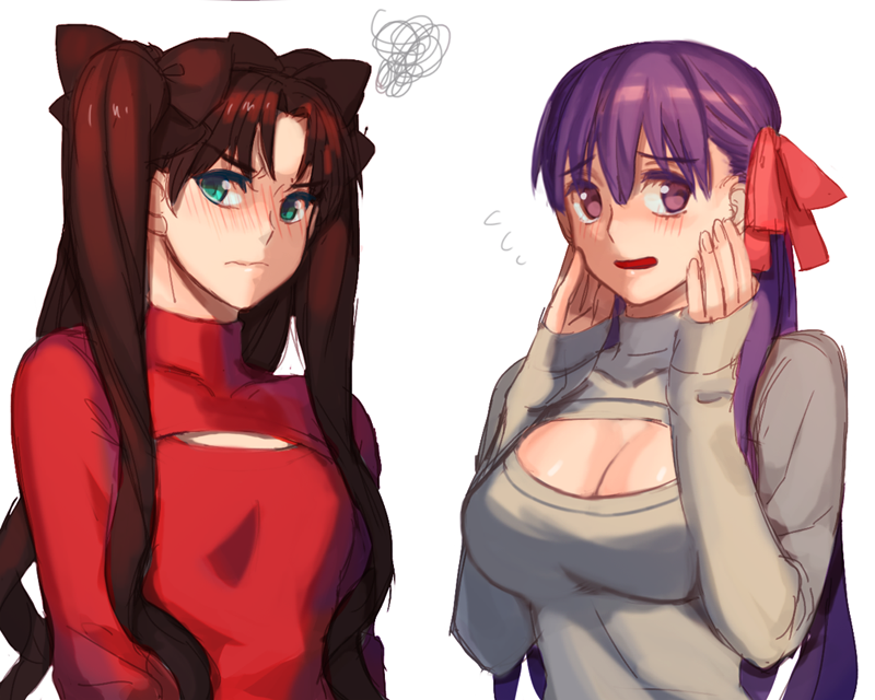 2girls, black_hair, blush, breast_envy, breasts, cleavage, cleavage_cutout, fate/stay_night, fate_(series), green_eyes, hair_ribbon, jeonpa, large_breasts, long_hair, matou_sakura, multiple_girls, open-chest_sweater, purple_hair, ribbed_sweater, ribbon, small_breasts, squiggle, sweater, toosaka_rin, turtleneck, two_side_up, violet_eyes