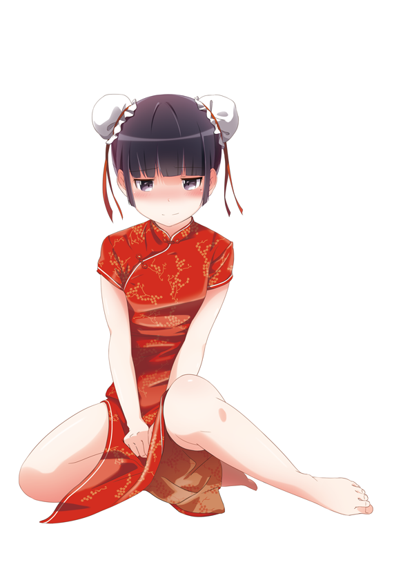 1girl, barefoot, black_hair, blush, china_dress, chinese_clothes, gokou_ruri, legs