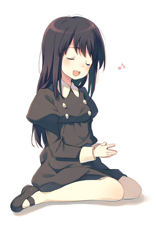 1girl, :d, aldnoah.zero, black_dress, black_hair, closed_eyes, dress, hands_together
