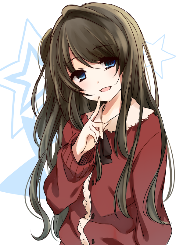 1girl, blush, brown_hair, bust, finger_to_mouth, kanzume_shima, long_hair, looking_at_viewer, solo, star, tamasaka_makoto, tokyo_7th_sisters