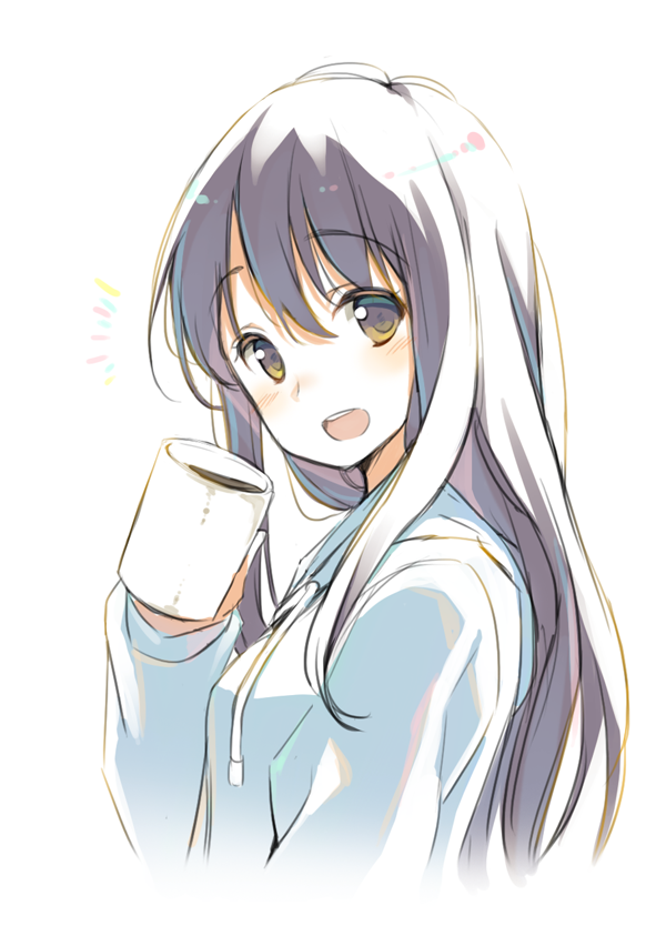 1girl, :d, aldnoah.zero, black_hair, cup, kaizuka_yuki, long_hair, mug, open_mouth, smile, solo, yamucha