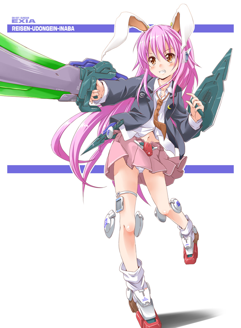 1girl, animal_ears, blazer, blush, character_name, crossover, exia, grin