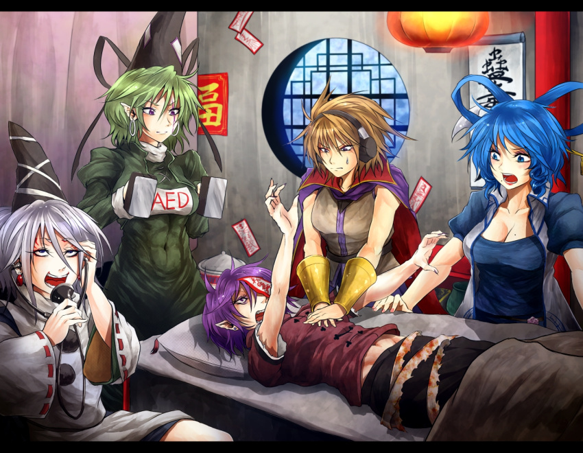 blue_hair, breasts, cape, cleavage, commentary_request, cpr, defibrillator, earrings