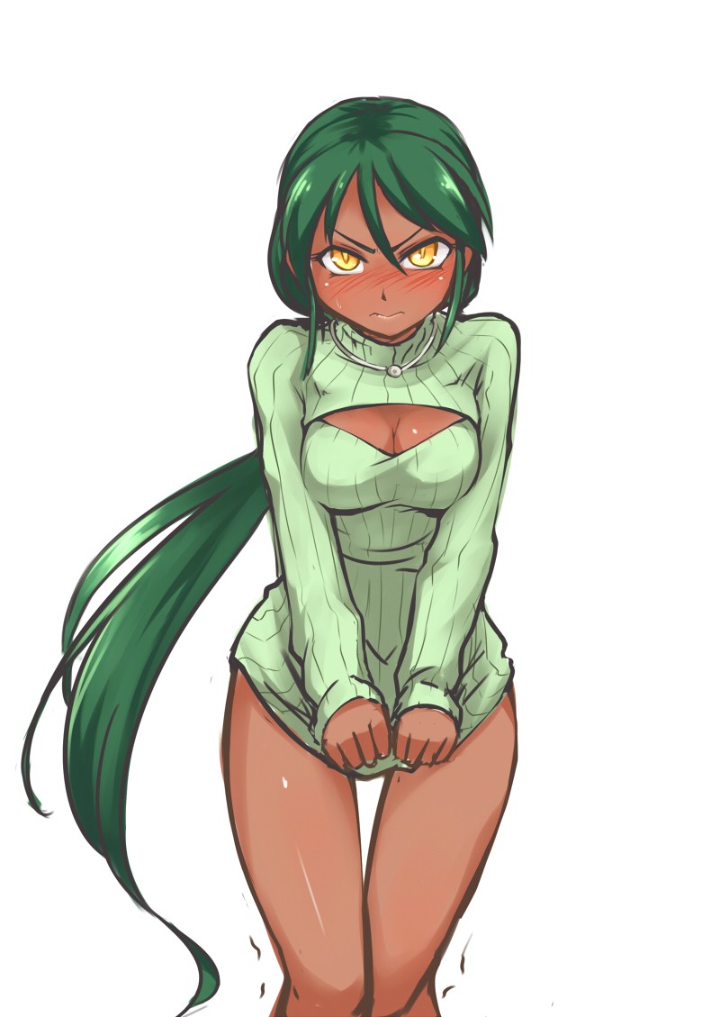 1girl, blush, cleavage_cutout, dark_skin, genderswap, green_hair, league_of_legends, long_hair