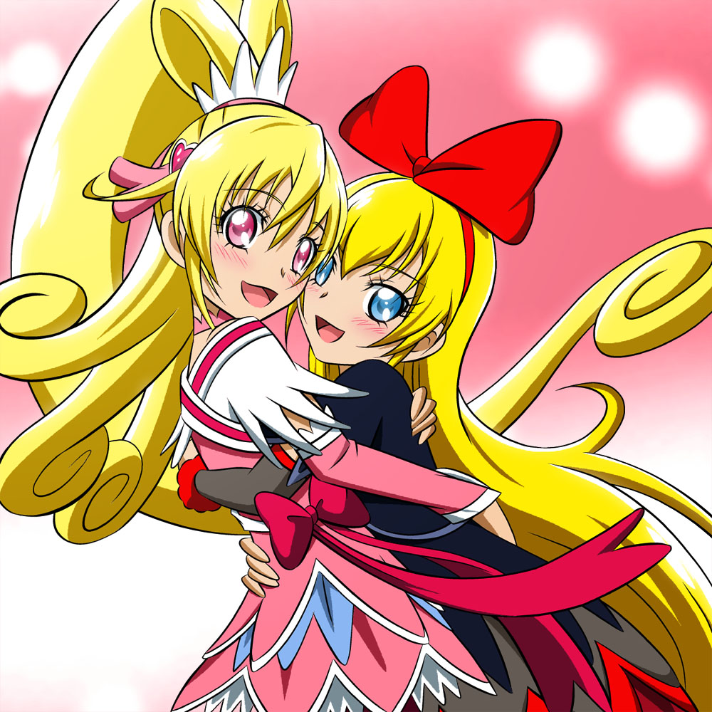 2girls, :d, aida_mana, arm_warmers, blonde_hair, blue_eyes, bow, cure_heart