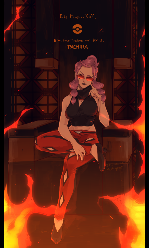 1girl, bare_shoulders, breasts, character_name, cleavage, crossed_legs, elite_four, fire