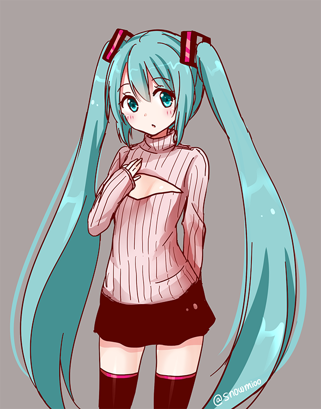 1girl, aqua_eyes, aqua_hair, arm_behind_back, black_legwear, blush, cleavage_cutout, flat_chest